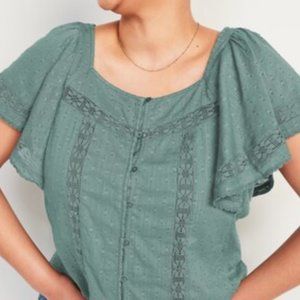 Oversized Clip-Dot Crochet-Lace Button-Front Blouse for Women Color: Spa Green